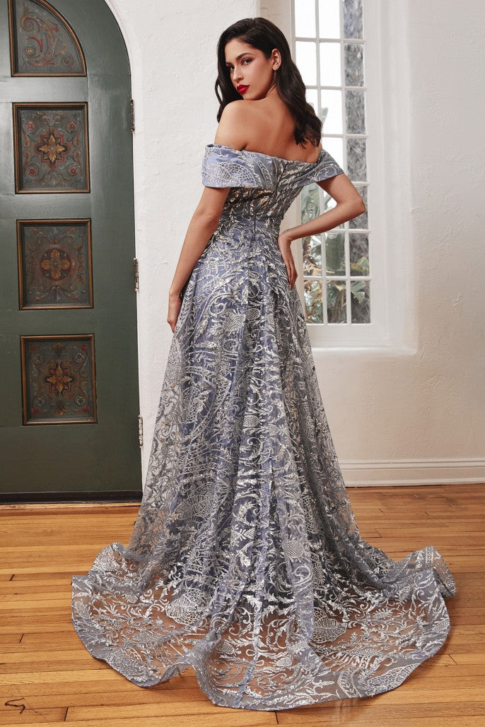 OFF THE SHOULDER LACE GOWN WITH OVER SKIRT-J836*