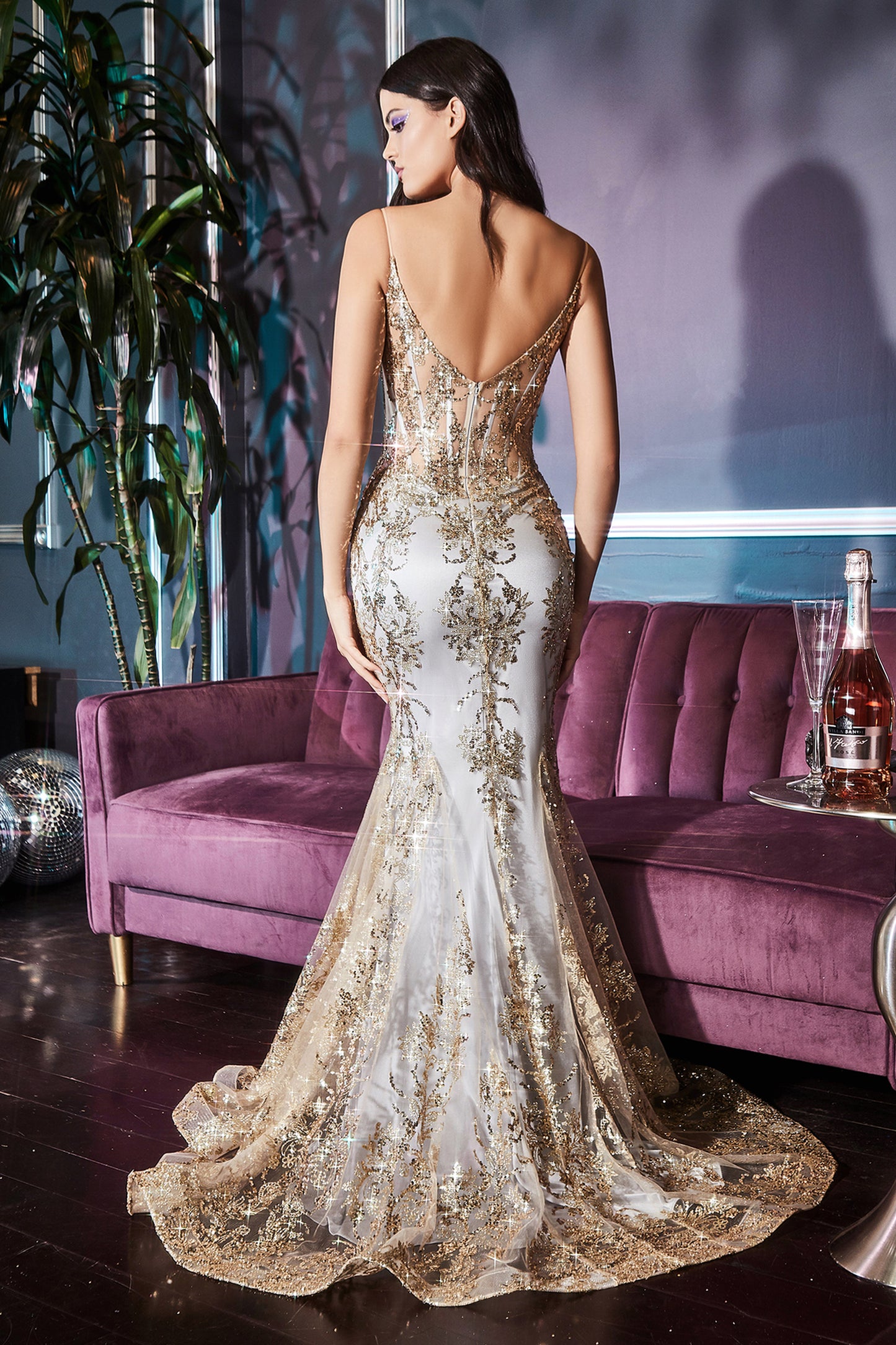 FITTED FLORAL GLITTER PRINT CORSET GOWN- J810