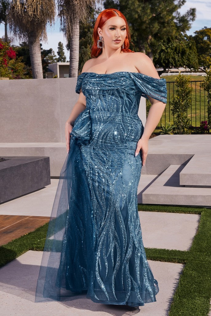 OFF THE SHOULDER GLITTER PRINTED GOWN- J849*