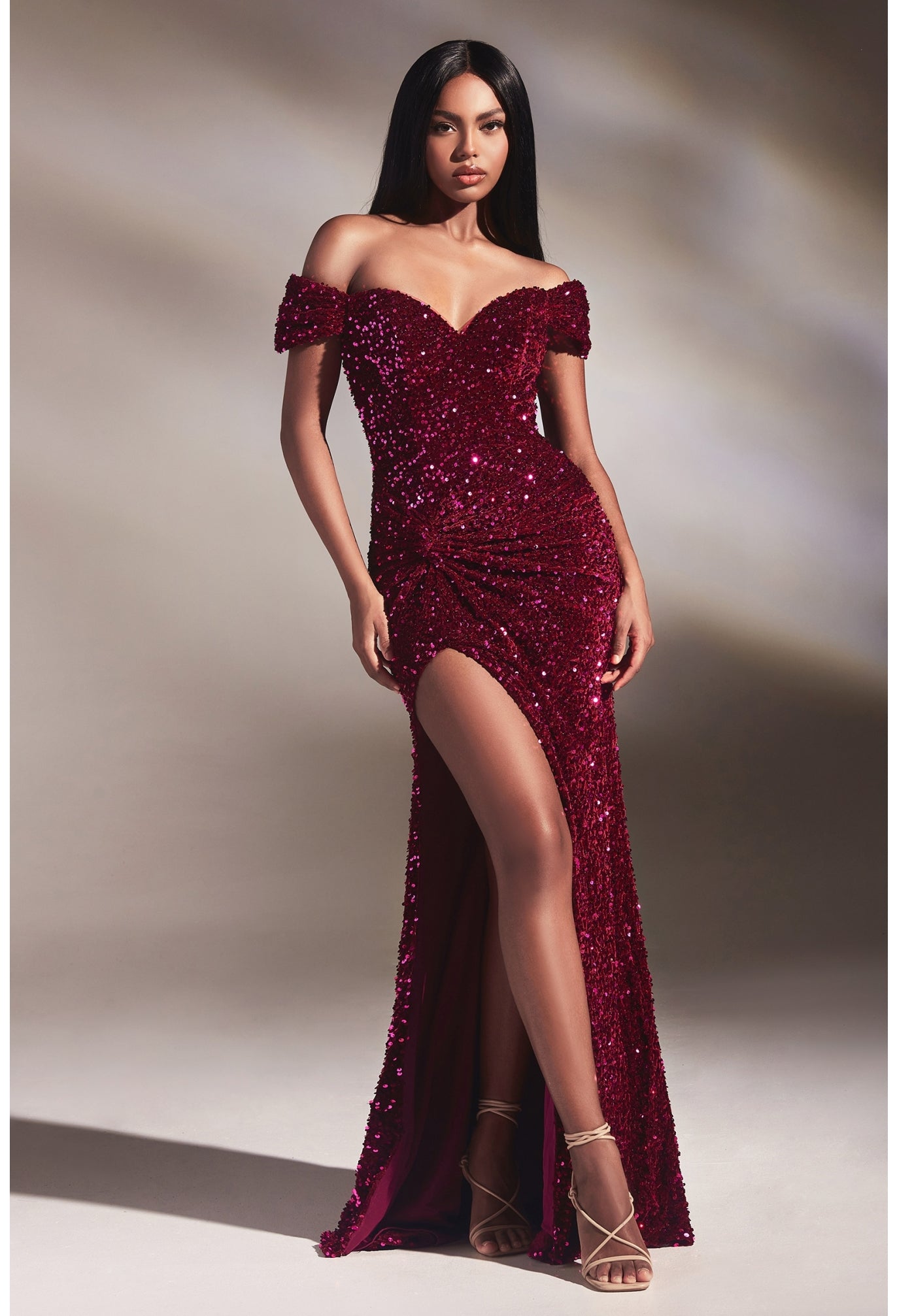 VELVET SEQUIN OFF THE SOULDER GOWN- CA109*