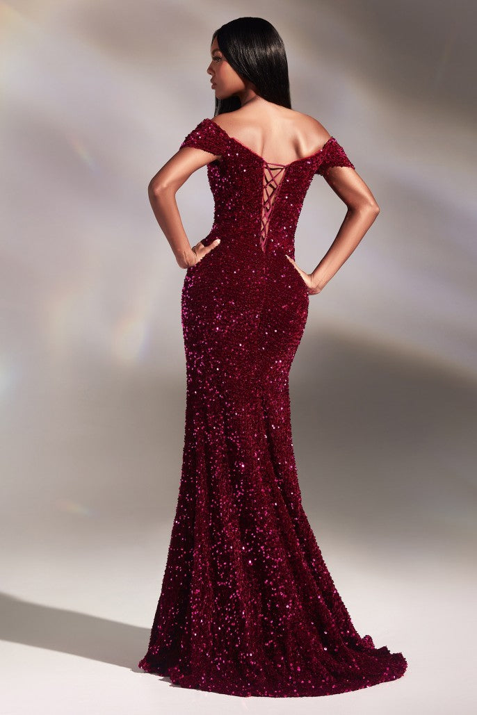VELVET SEQUIN OFF THE SOULDER GOWN- CA109*