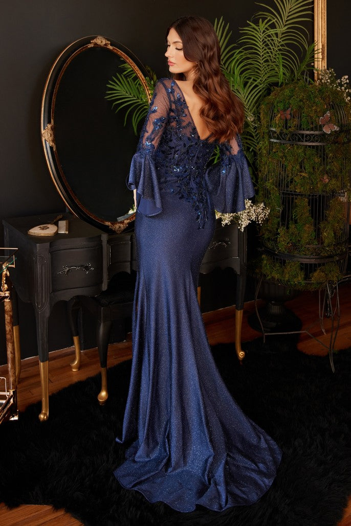 LONG BELL SLEEVE LACE & SATIN GOWN-9247*