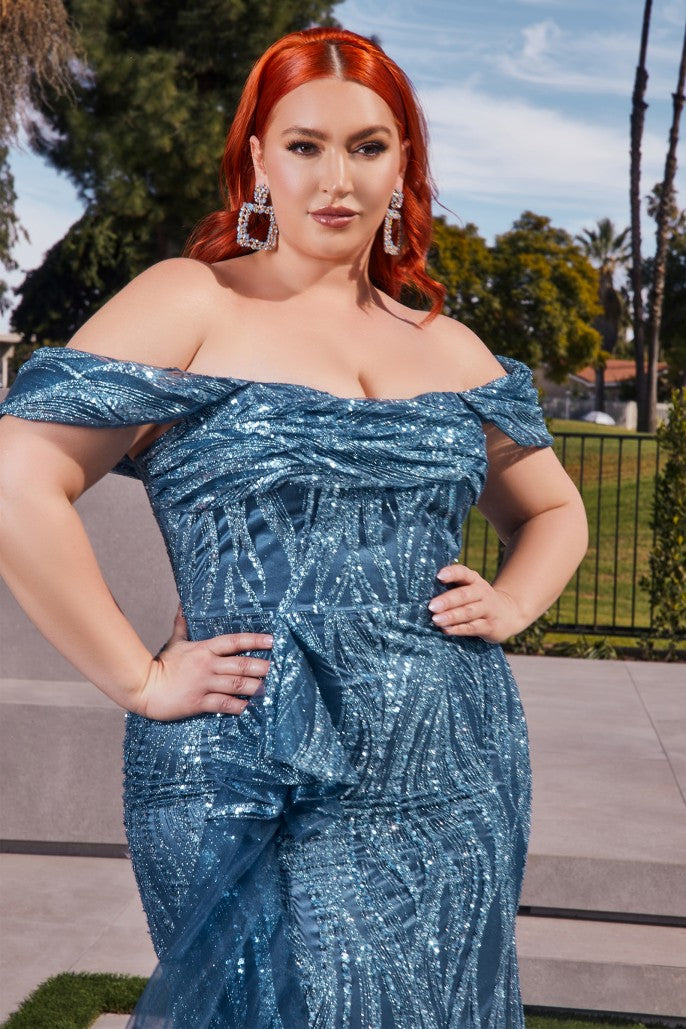 OFF THE SHOULDER GLITTER PRINTED GOWN- J849*