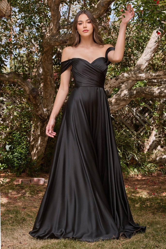 SATIN A-LINE OFF THE SHOULDER DRESS -7493C