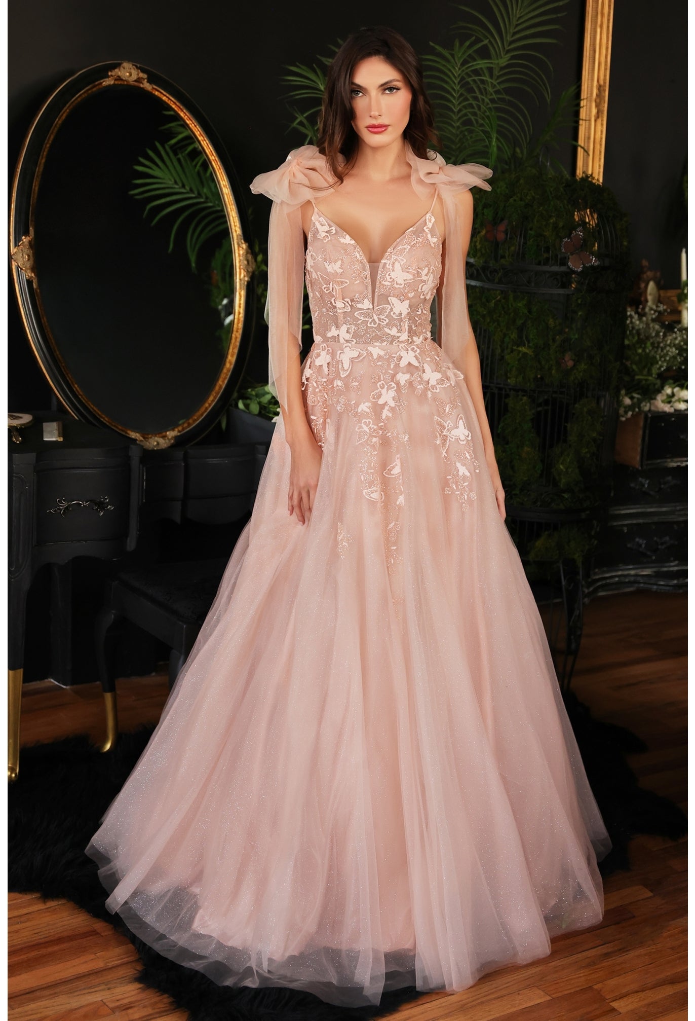 A-LINE TULLE GOWN WITH FLORAL DETAIL-CB097*