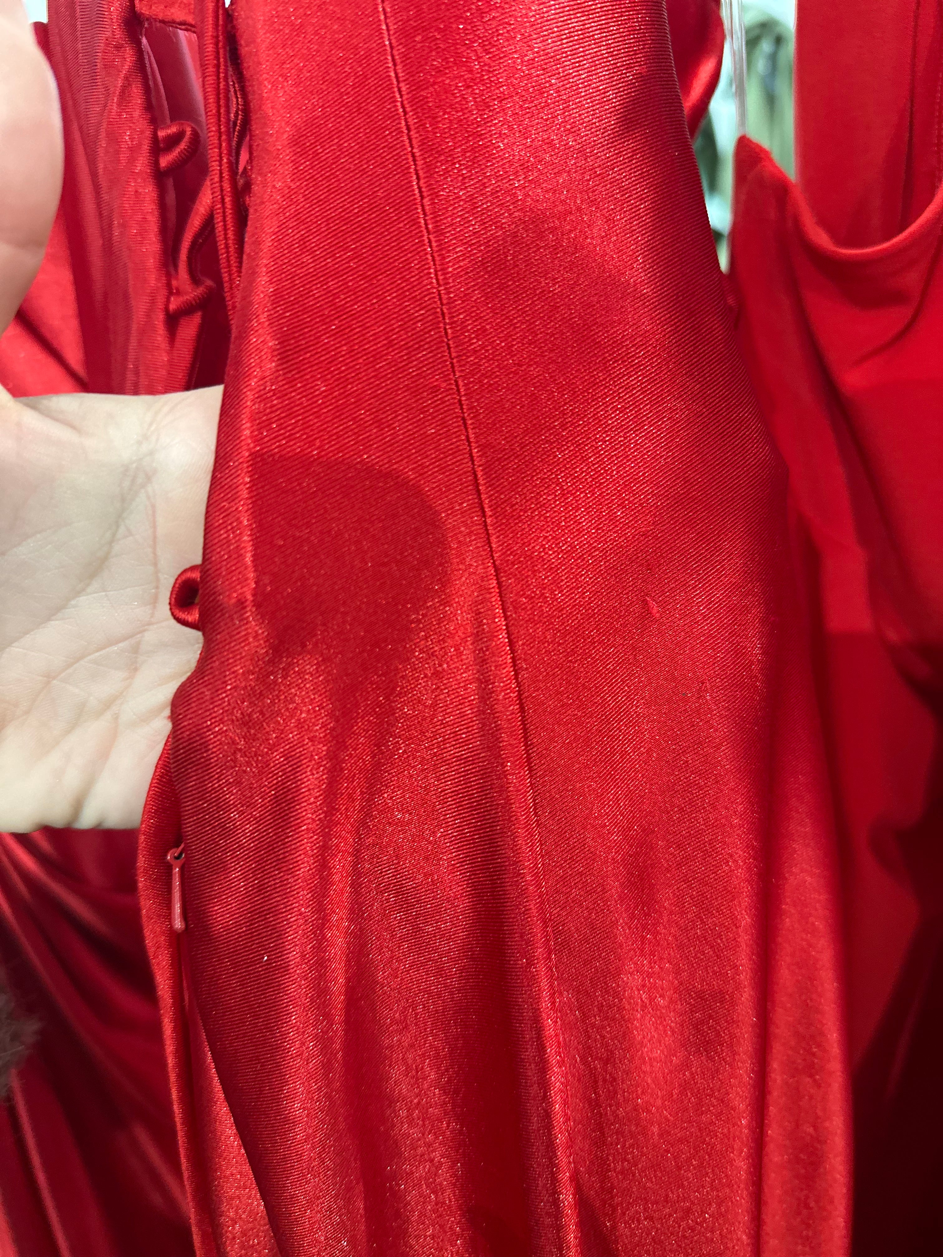 RED CRYSTAL EDGED FITTED SATIN DRESS- CDS528 (SHOWROOM SALE)