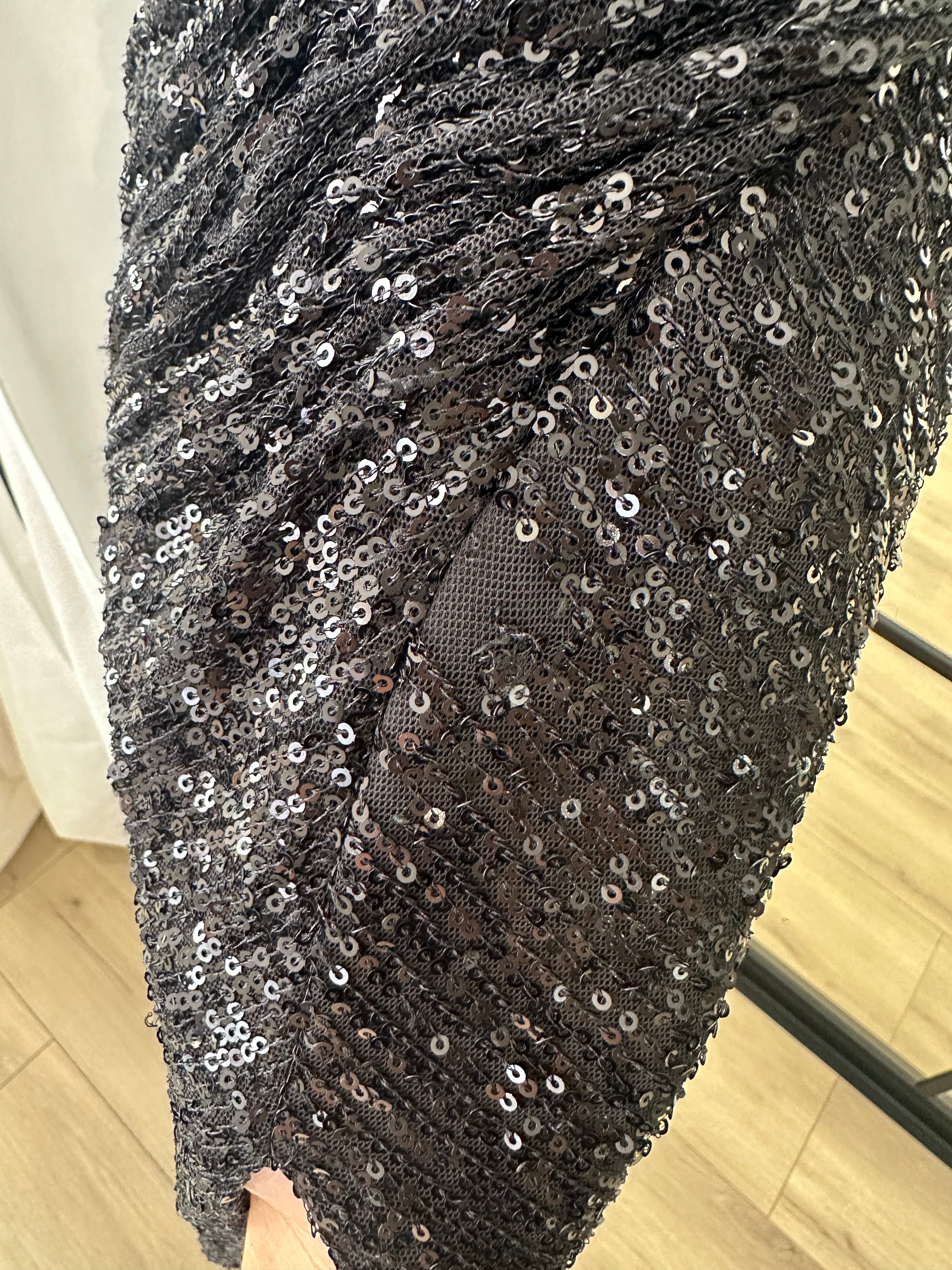 BLACK OFF THE SHOULDER RUCHED SEQUIN GOWN- CH144 (SHOWROOM SALE)