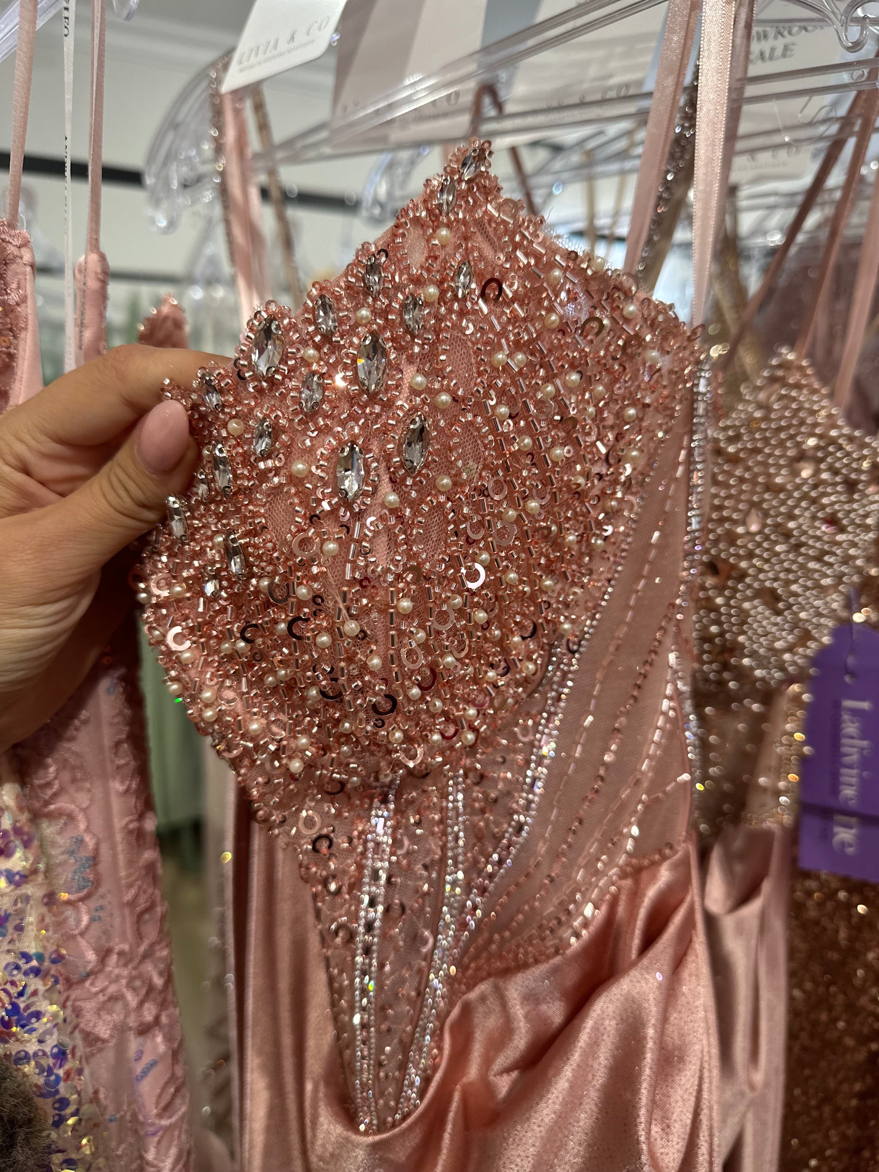 BLUSH SCOOP NECK STRAPLESS FITTED SATIN GOWN- CC467 (SHOWROOM SALE)