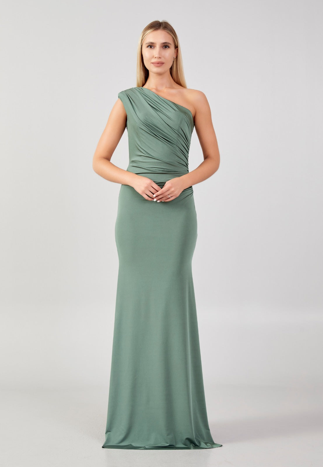 GREEN ONE SHOULDER EVENING DRESS (SHOWROOM SALE)