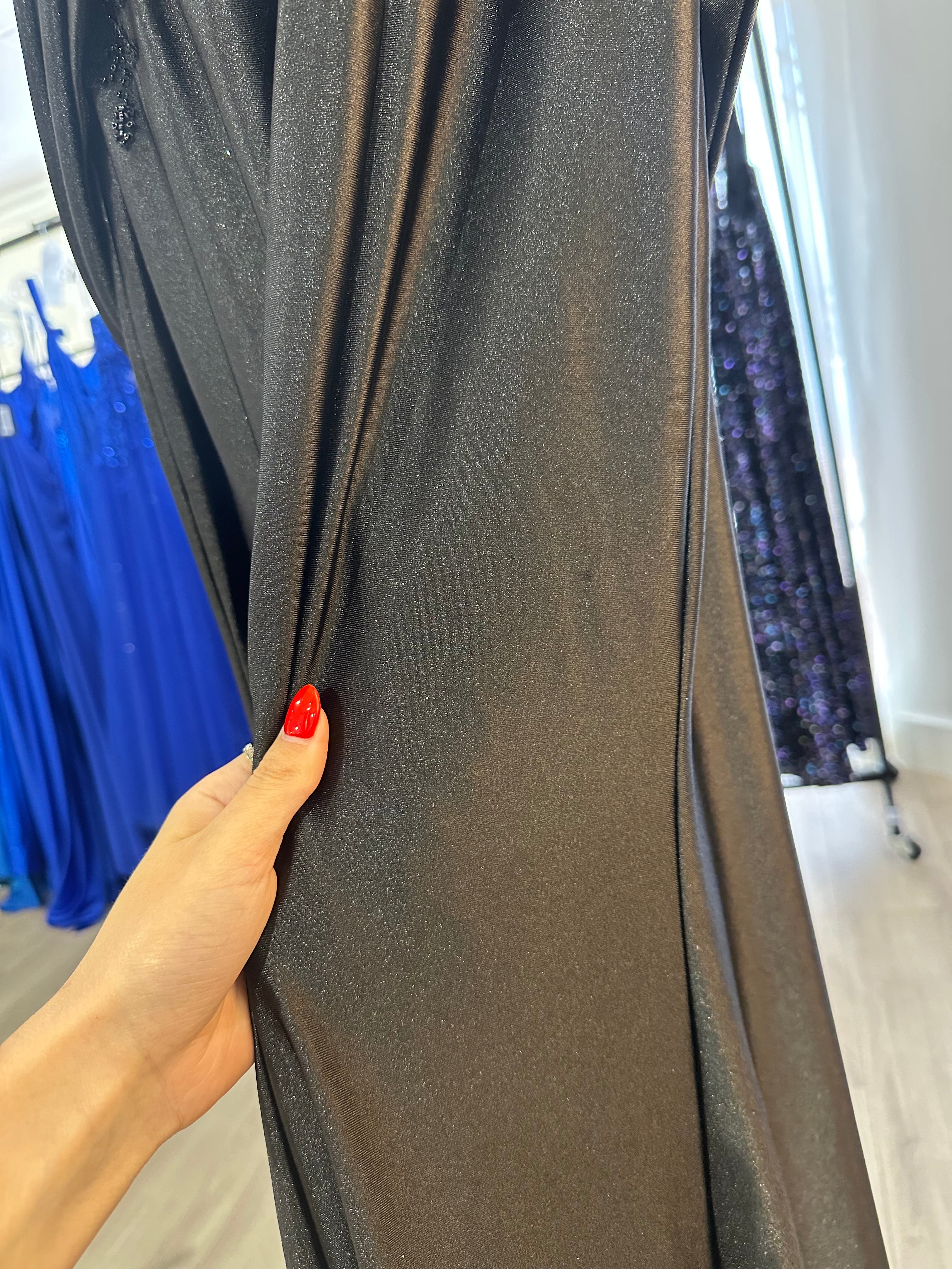 BLACK OFF THE SHOULDER SATIN & LACE GOWN- CDS507 (SHOWROOM SALE)