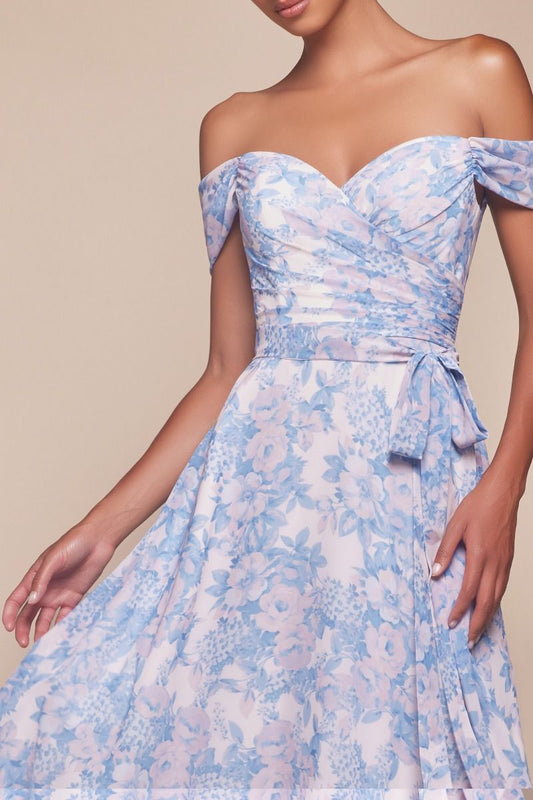 BLUE STRAPLESS A-LINE FLORAL SATIN DRESS- 7443 (RENTAL)