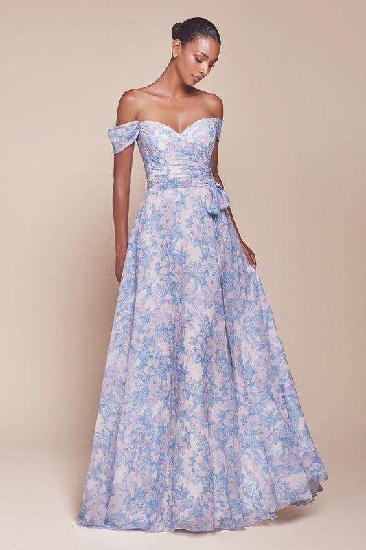 BLUE STRAPLESS A-LINE FLORAL SATIN DRESS- 7443 (RENTAL)