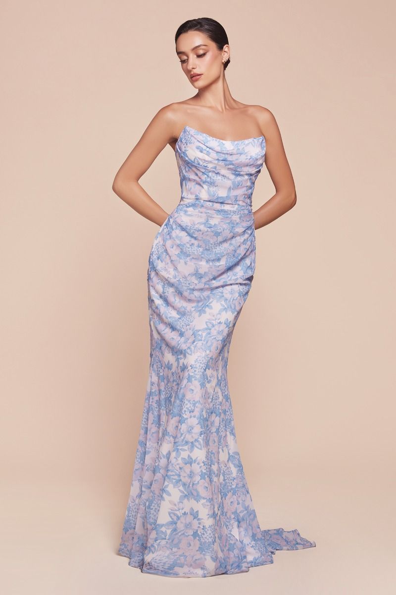 STRAPLESS FLORAL PRINTED CHIFFON DRESS- 7445
