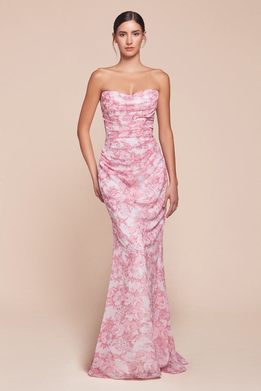 ROSE STRAPLESS FLORAL PRINTED SOFT SATIN DRESS- 7445 (RENTAL)