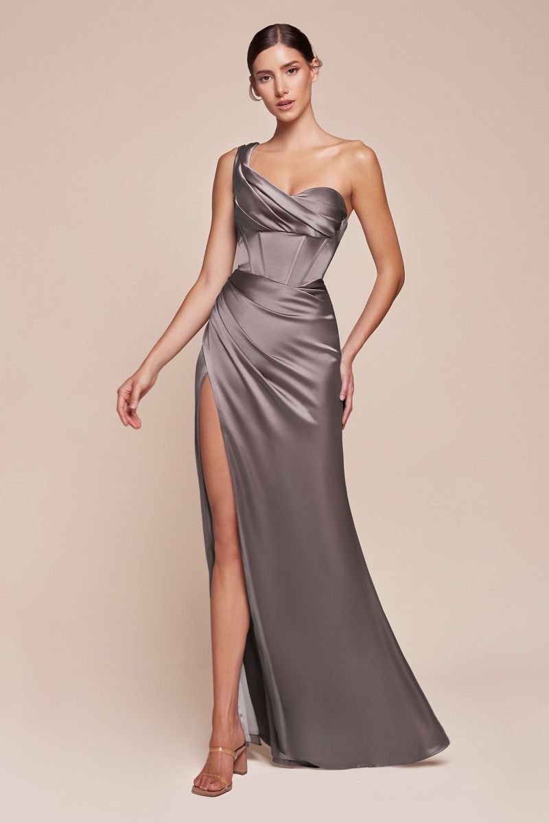 TAUPE ONE SHOULDER SATIN CORSET GOWN - 7448 (SHOWROOM SALE)