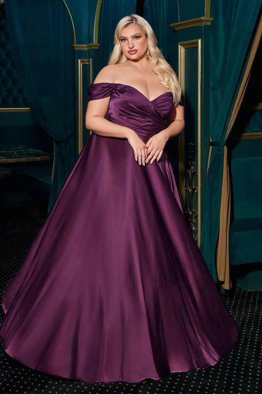 SATIN A-LINE OFF THE SHOULDER DRESS -7493C