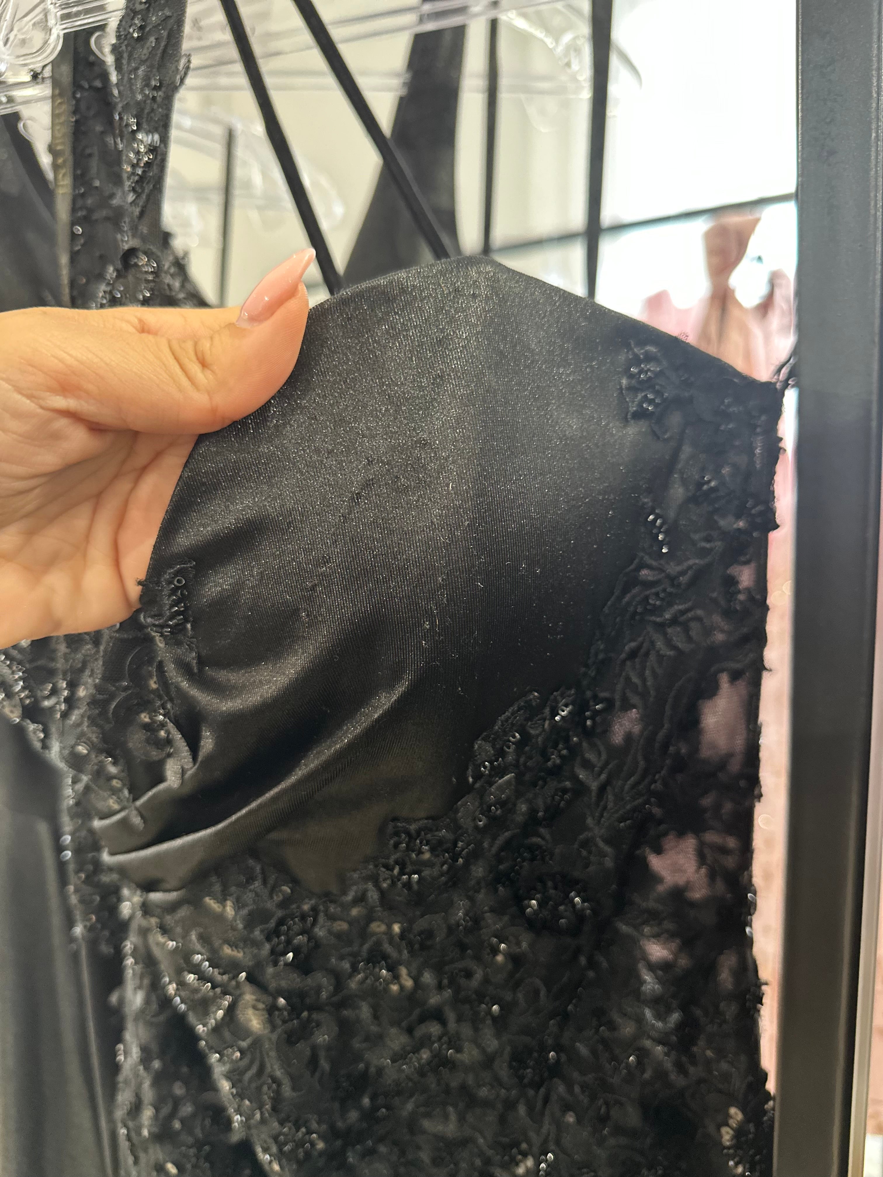 BLACK ONE SHOULDER SATIN DRESS WITH LACE APPLIQUE - CDS535 (SHOWROOM SALE)