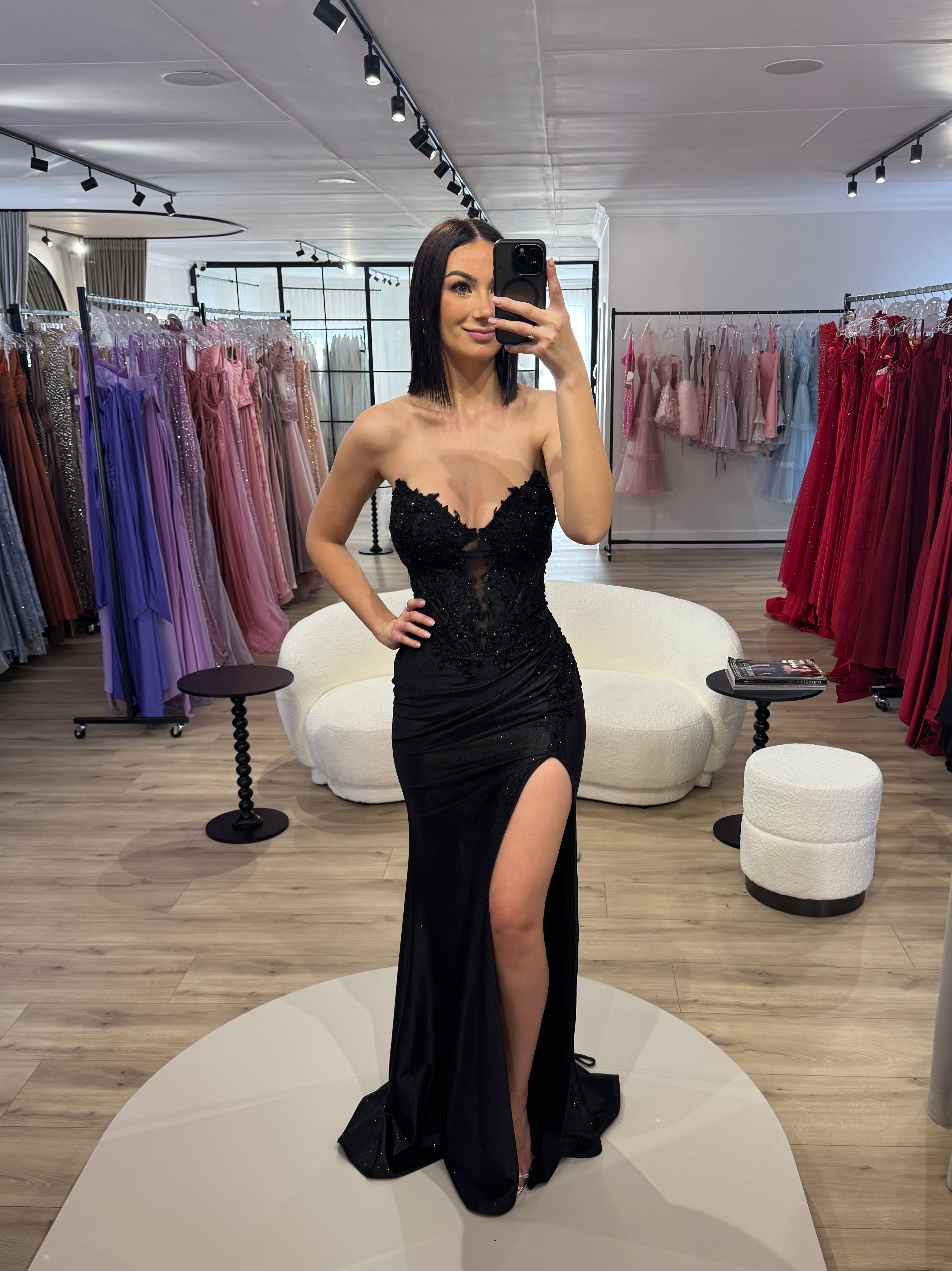 BLACK STRAPLESS LACE & STRETCH SATIN GOWN - CDS521 (SHOWROOM SALE)