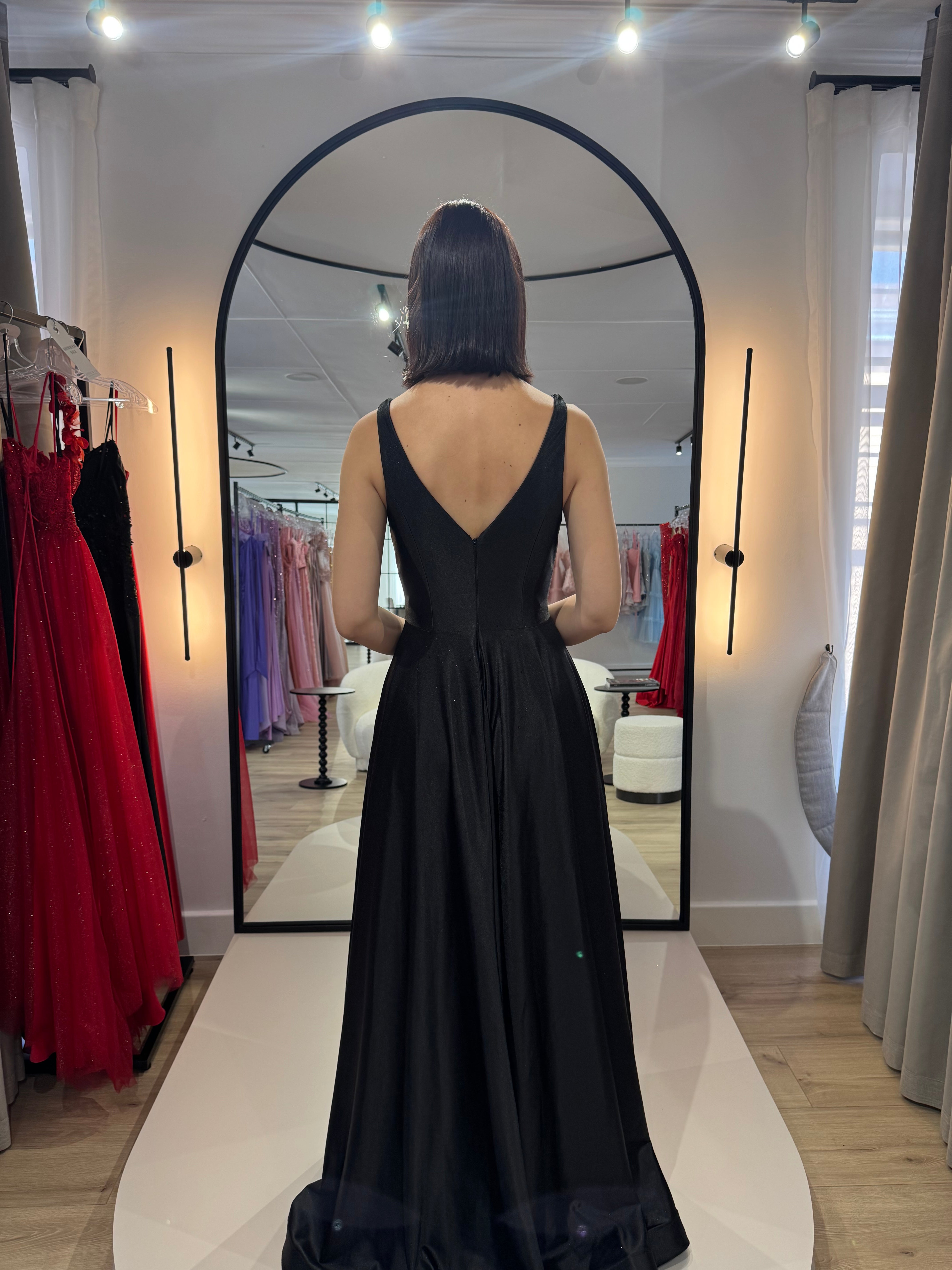 BLACK GLIMMERING STRETCH SATIN A-LINE DRESS- CC2349 (SHOWROOM SALE)