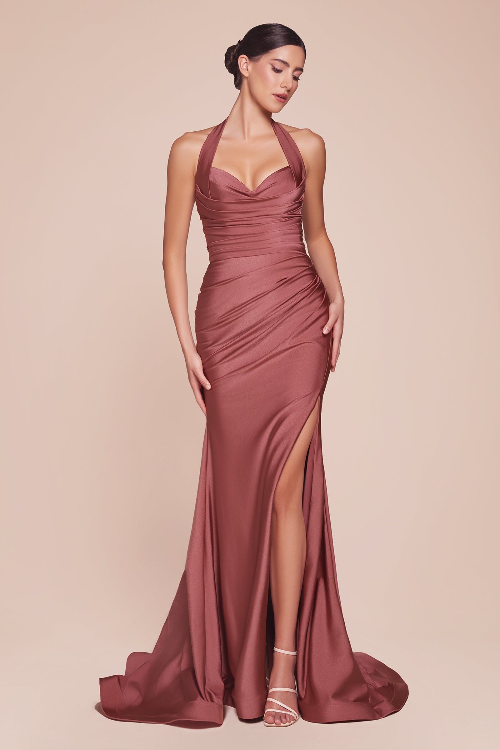 SIENNA ROSE STETCH SATIN HALTER FITTED DRESS- CD796 (RENTAL)