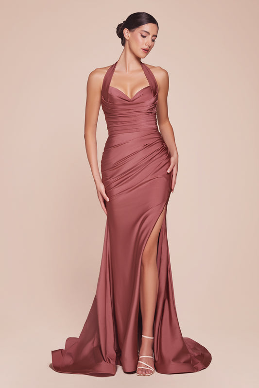 SIENNA ROSE STETCH SATIN HALTER FITTED DRESS- CD796 (RENTAL) (Copy)