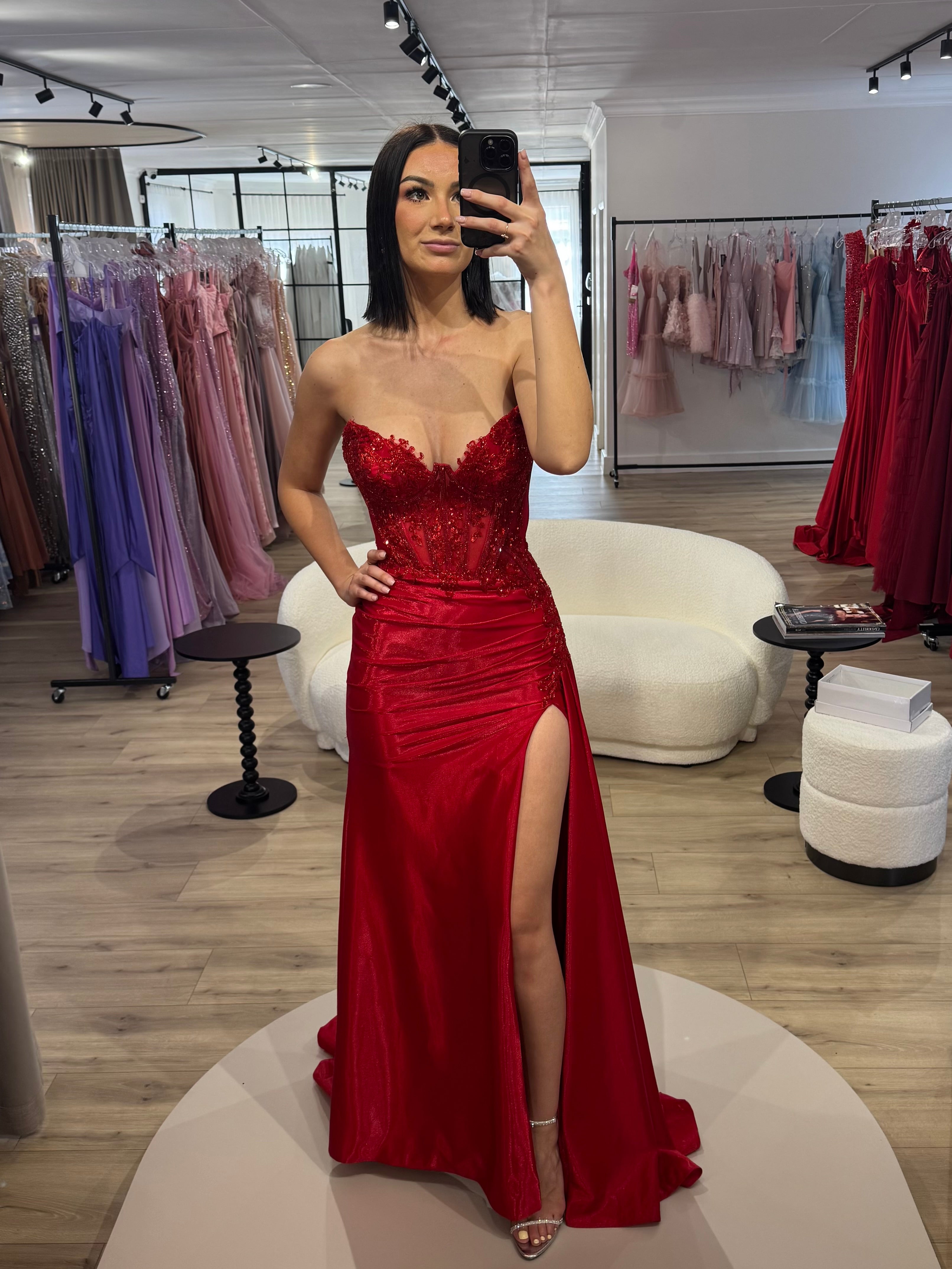 RED STRAPLESS STRETCH TAFFETA FITTED GOWN- CM369 (SHOWROOM SALE)
