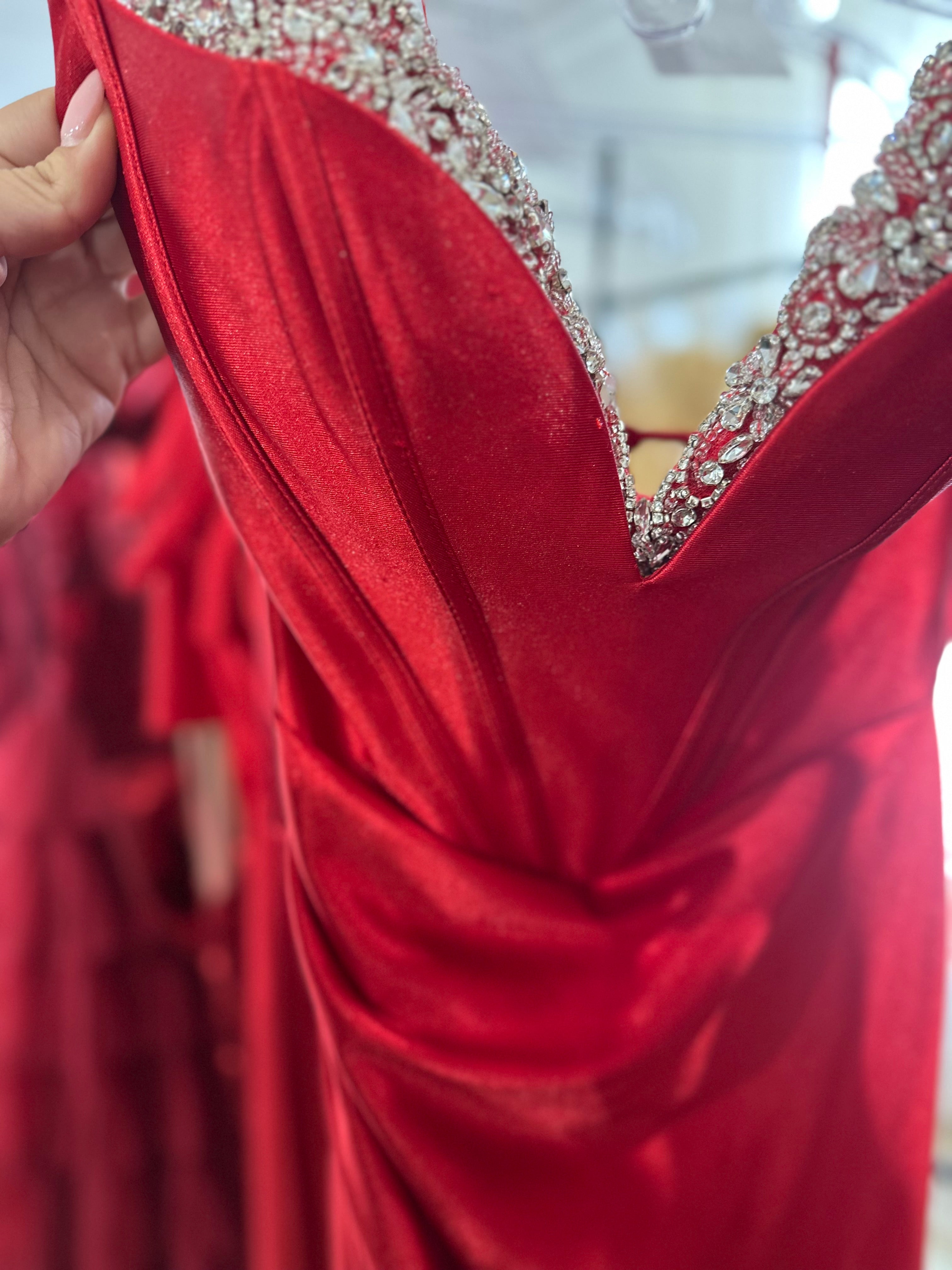 RED CRYSTAL EDGED FITTED SATIN DRESS- CDS528 (SHOWROOM SALE)