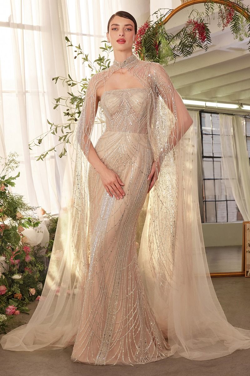 CHAMPAGNE ART DECO BEADED GOWN & CAPE- A1411