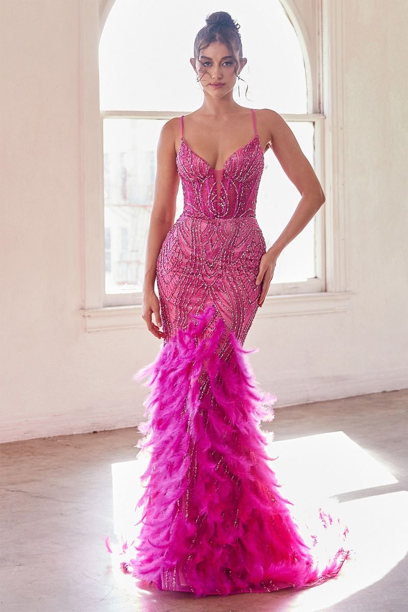 FULLY EMBELLISHED & FEATHERED MERMAID GOWN- CC2308*