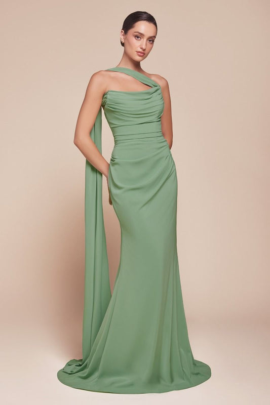 DUSTY SAGE VERSITILE TIE CHIFFON DRESS- 7433 (RENTAL)