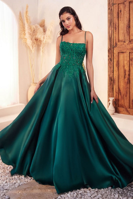 MIKADO EMERALD BALL GOWN WITH LACE DETAILS- C145*