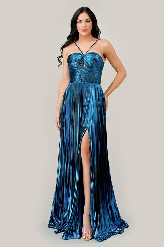 HALTER PLEATED LAME' METALLIC A-LINE GOWN- C153*
