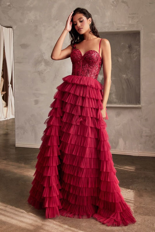 BURGUNDY LAYERED TULLE BALL GOWN- CB143 (RENTAL)