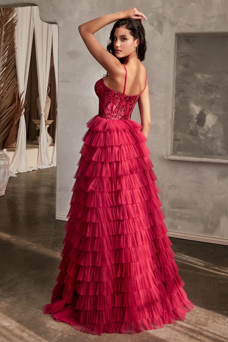 BURGUNDY LAYERED TULLE BALL GOWN CB143 RENTAL Livia Co