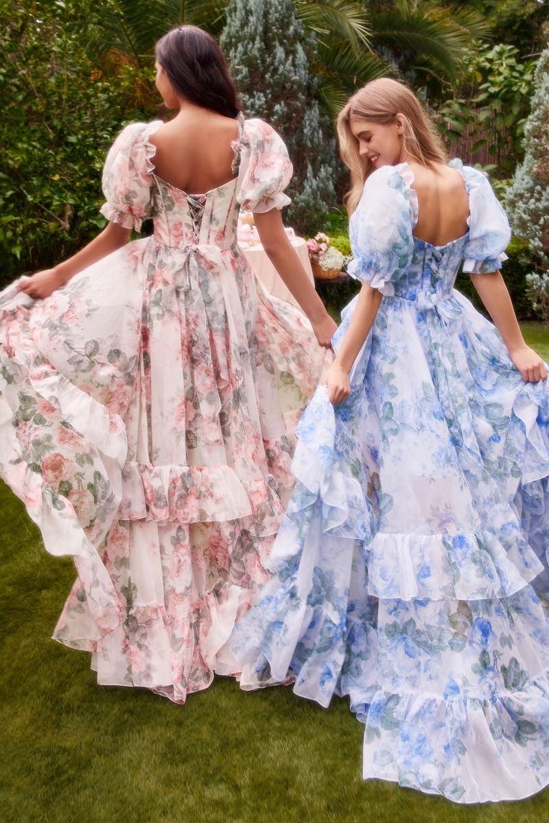 FLORAL PRINTED RUFFLE GOWN A1336