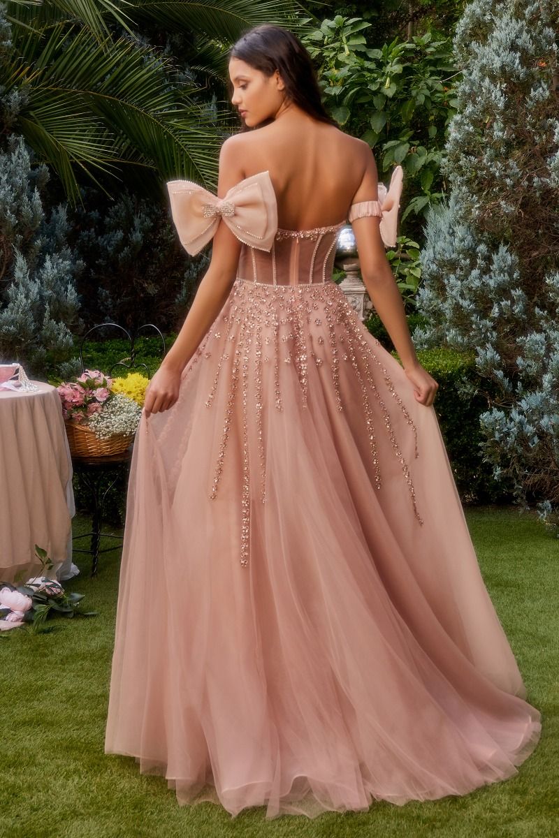 STRAPLESS BEADED GOWN WITH BOW SLEEVE ACCESSORIES- A1338