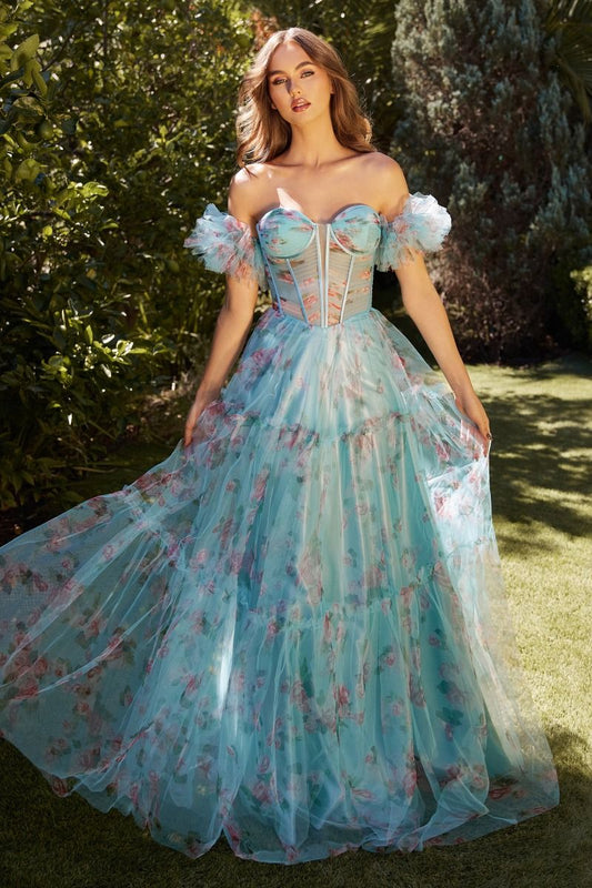 BLUE FLORAL PRINTED BALL GOWN- A1285*
