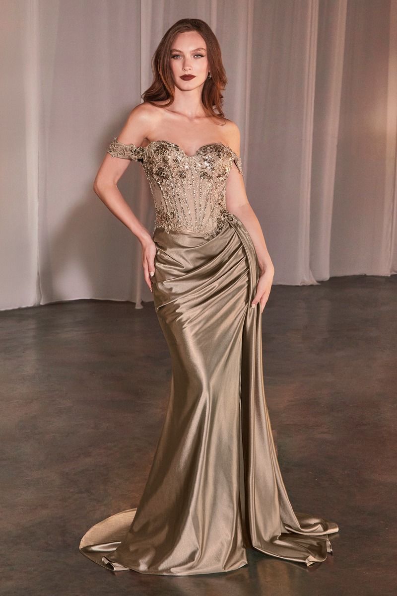 OFF THE SHOULDER LACE & SATIN FITTED GOWN- CD803