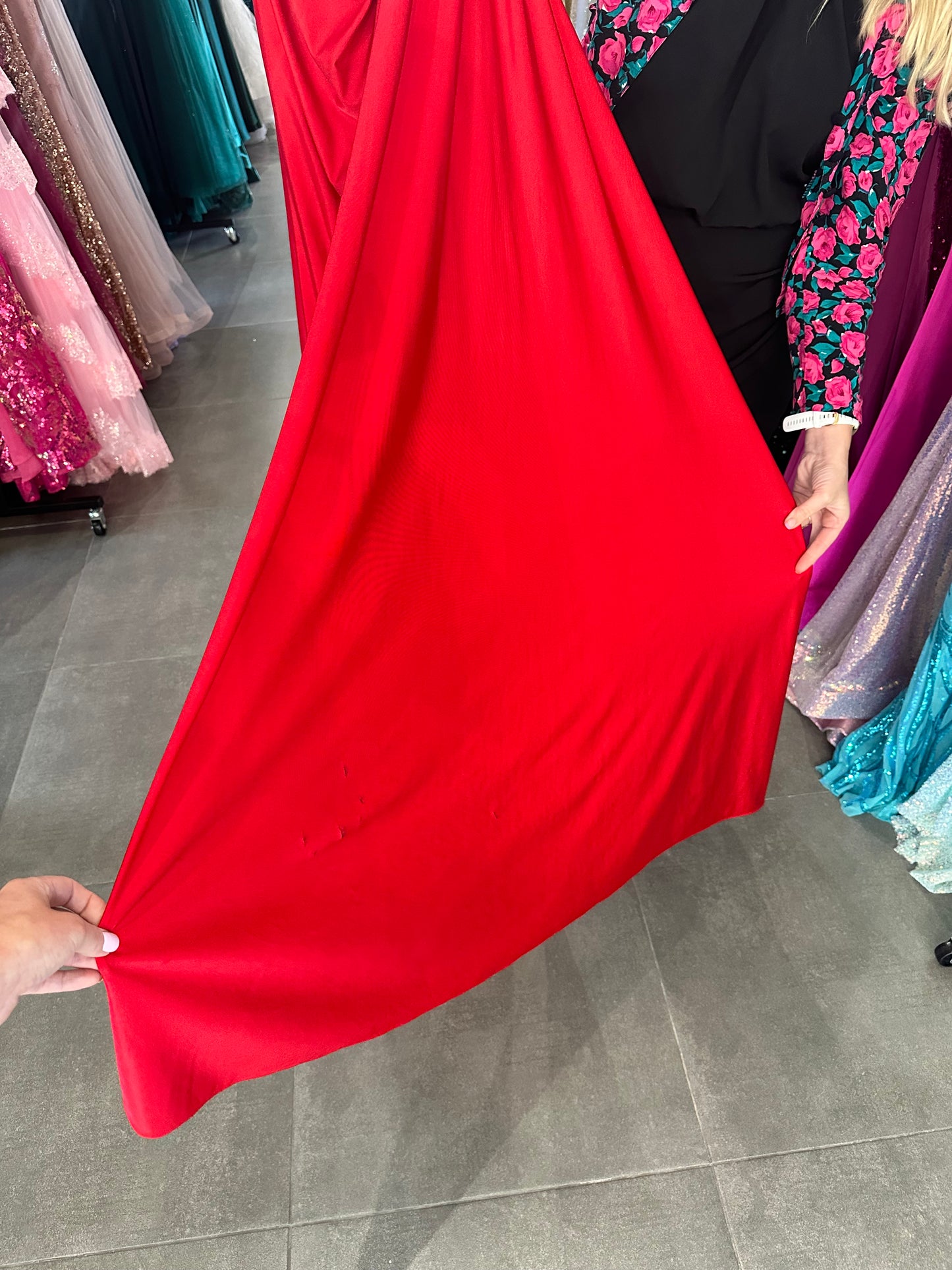 RED STRAPLESS STRETCH SATIN GOWN WITH GLOVES/ CD886 (SHOWROOM SALE)