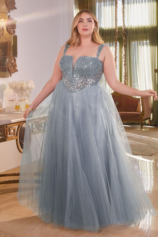 SMOKY BLUE STRAPLESS A-LINE EMBELLISHED GOWN- CD0217C (RENTAL)