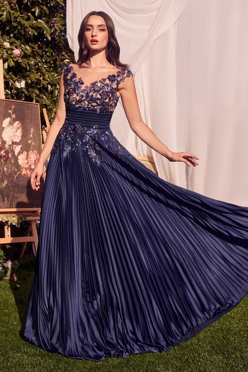 NAVY PLEATED SATIN & EMBELLISHED A-LINE GOWN - A1355 (RENTAL)