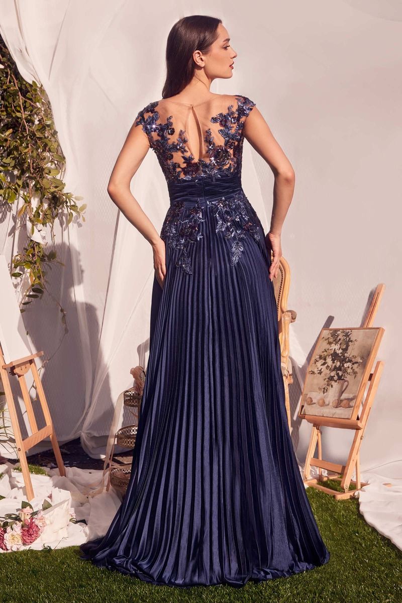 NAVY PLEATED SATIN & EMBELLISHED A-LINE GOWN - A1355 (RENTAL)