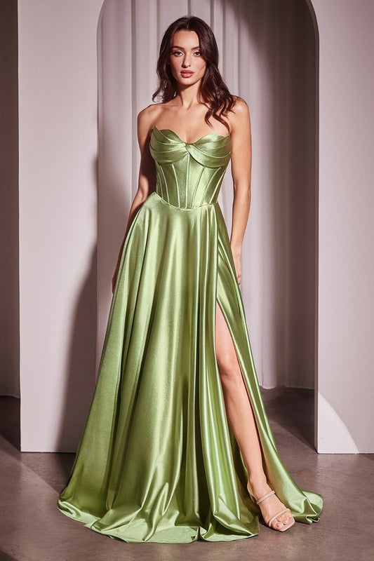 GREENERY STRAPLESS SATIN A-LINE DRESS -CD378 (RENTAL)