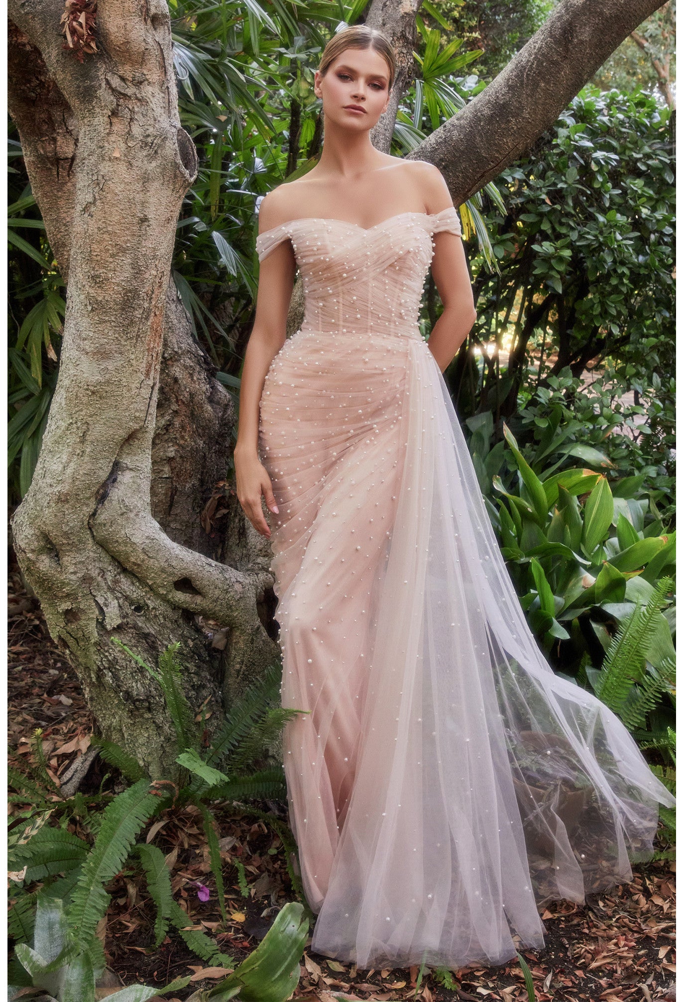 PEARL PLEATED TULLE GOWN WITH CAPE- A1219