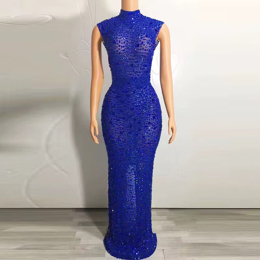 TRANSLUCENT ROYAL BLUE FITTED DRESS WITH RHINESTONES (RENTAL)