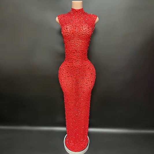 TRANSLUCENT RED FITTED DRESS WITH RHINESTONES (RENTAL)