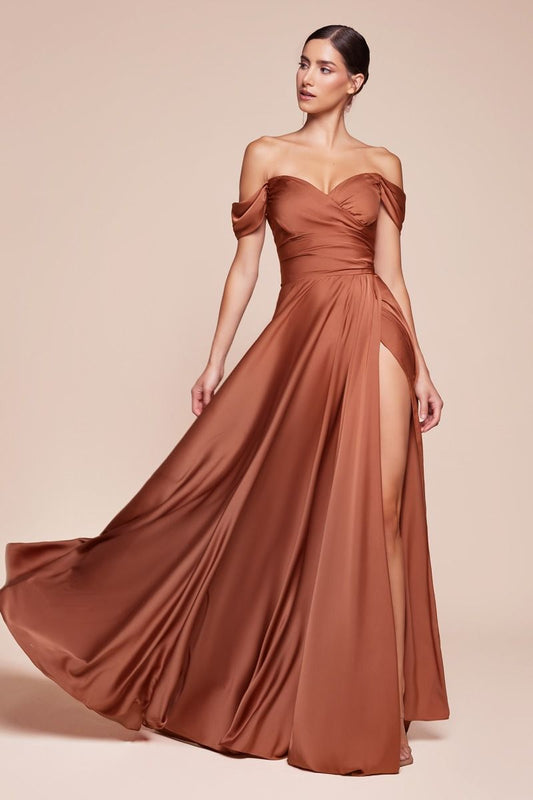 A- LINE SATIN OFF THE SHOULDER DRESS  -7493