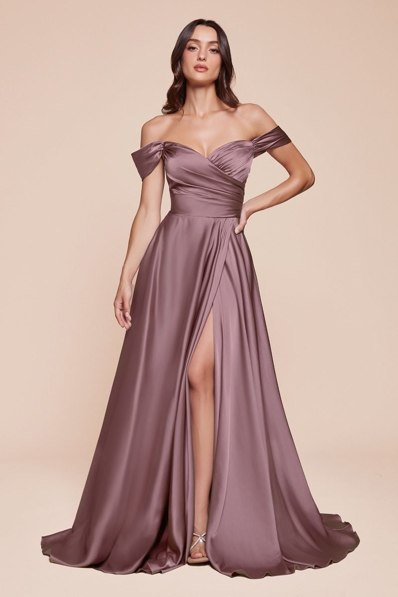 A- LINE SATIN OFF THE SHOULDER DRESS  -7493