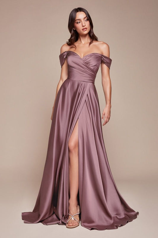 A- LINE SATIN OFF THE SHOULDER DRESS  -7493