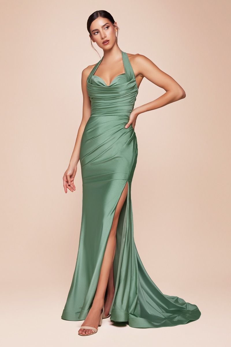 STETCH SATIN HALTER FITTED DRESS- CD796